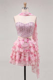 Espartilho A-Line de 2 peças Sweetheart Azul Claro Vestido de Regresso a Casa Floral em camadas com bordas