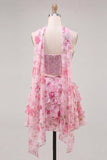 Espartilho A-Line de 2 peças Sweetheart Azul Claro Vestido de Regresso a Casa Floral em camadas com bordas