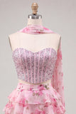 Espartilho A-Line de 2 peças Sweetheart Azul Claro Vestido de Regresso a Casa Floral em camadas com bordas