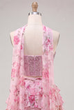 Espartilho A-Line de 2 peças Sweetheart Azul Claro Vestido de Regresso a Casa Floral em camadas com bordas