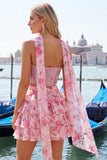 Espartilho A-Line de 2 peças Sweetheart Azul Claro Vestido de Regresso a Casa Floral em camadas com bordas