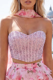 Espartilho A-Line de 2 peças Sweetheart Azul Claro Vestido de Regresso a Casa Floral em camadas com bordas
