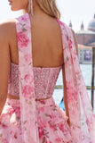 Espartilho A-Line de 2 peças Sweetheart Azul Claro Vestido de Regresso a Casa Floral em camadas com bordas