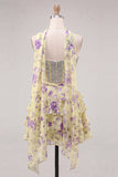 Espartilho A-Line de 2 peças Sweetheart Azul Claro Vestido de Regresso a Casa Floral em camadas com bordas