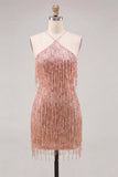Vestido de regresso a casa Dusty Rose Bodycon Bodycon de gola halter com franjas