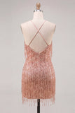 Vestido de regresso a casa Dusty Rose Bodycon Bodycon de gola halter com franjas