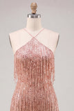 Vestido de regresso a casa Dusty Rose Bodycon Bodycon de gola halter com franjas