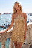 Vestido de regresso a casa Dusty Rose Bodycon Bodycon de gola halter com franjas