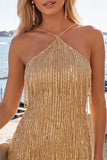 Vestido de regresso a casa Dusty Rose Bodycon Bodycon de gola halter com franjas