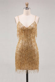 Bodycon dourado com alças finas, lantejoulas, vestido de regresso a casa com franjas