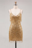 Bodycon dourado com alças finas, lantejoulas, vestido de regresso a casa com franjas