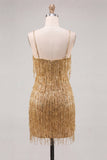 Bodycon dourado com alças finas, lantejoulas, vestido de regresso a casa com franjas
