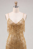 Bodycon dourado com alças finas, lantejoulas, vestido de regresso a casa com franjas