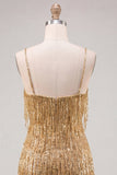 Bodycon dourado com alças finas, lantejoulas, vestido de regresso a casa com franjas