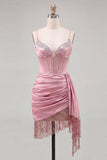 Espartilho cor-de-rosa Bodycon, franzado, franjado, vestido curto de finalistas com faixa