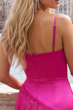 Cetim Fúcsia Bodycon com alças finas Vestido Curto de Regresso a Casa com franjas