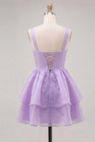Vestido Curto de Regresso a Casa Longo Linha A de Linha A Lilás, decote em V, Pérola Pérola e Renda nas Costas