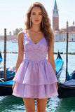 Vestido Curto de Regresso a Casa Longo Linha A de Linha A Lilás, decote em V, Pérola Pérola e Renda nas Costas