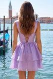 Vestido Curto de Regresso a Casa Longo Linha A de Linha A Lilás, decote em V, Pérola Pérola e Renda nas Costas