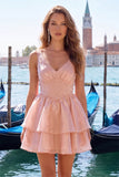 Vestido Curto de Regresso a Casa Longo Linha A de Linha A Lilás, decote em V, Pérola Pérola e Renda nas Costas