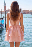 Vestido Curto de Regresso a Casa Longo Linha A de Linha A Lilás, decote em V, Pérola Pérola e Renda nas Costas