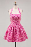 Vestido curto de regresso a casa Jacquard com gola fúcsia e decote húcsia