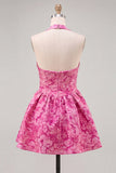 Vestido curto de regresso a casa Jacquard com gola fúcsia e decote húcsia