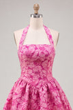 Vestido curto de regresso a casa Jacquard com gola fúcsia e decote húcsia