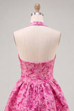 Vestido curto de regresso a casa Jacquard com gola fúcsia e decote húcsia