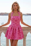 Vestido curto de regresso a casa Jacquard com gola fúcsia e decote húcsia