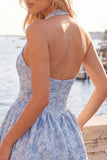 Vestido curto de regresso a casa Jacquard com gola fúcsia e decote húcsia