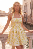 Vestido curto de regresso a casa Jacquard com gola fúcsia e decote húcsia