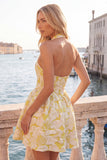Vestido curto de regresso a casa Jacquard com gola fúcsia e decote húcsia