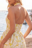 Vestido curto de regresso a casa Jacquard com gola fúcsia e decote húcsia