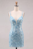 Vestido Curto de Regresso a Casa Curta Floral Bodycon Bodycon Azul Claro com Bordas