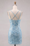 Vestido Curto de Regresso a Casa Curta Floral Bodycon Bodycon Azul Claro com Bordas