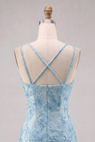 Vestido Curto de Regresso a Casa Curta Floral Bodycon Bodycon Azul Claro com Bordas