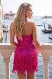 Fúcsia Vestido de cocktail bodycon com lantejoulas sem alças e franjas