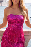Fúcsia Vestido de cocktail bodycon com lantejoulas sem alças e franjas