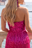 Fúcsia Vestido de cocktail bodycon com lantejoulas sem alças e franjas