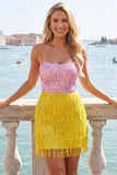 Fúcsia Vestido de cocktail bodycon com lantejoulas sem alças e franjas