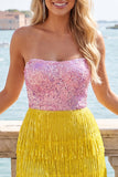 Fúcsia Vestido de cocktail bodycon com lantejoulas sem alças e franjas