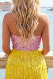 Fúcsia Vestido de cocktail bodycon com lantejoulas sem alças e franjas
