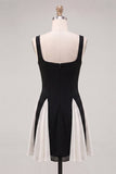 Vestido Curto de Regresso a Casa Preto, Decote Quadrado e Linha A