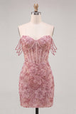 Vestido floral de regresso ao lar com espartilhos cor-de-rosa de pérolas e lantejoulas