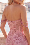 Vestido floral de regresso ao lar com espartilhos cor-de-rosa de pérolas e lantejoulas