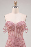 Vestido floral de regresso ao lar com espartilhos cor-de-rosa de pérolas e lantejoulas