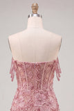 Vestido floral de regresso ao lar com espartilhos cor-de-rosa de pérolas e lantejoulas