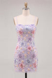 Vestido Curto de Regresso a Casa com Flores Florais Lilás, Shorts Bodycon Straps