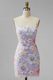 Vestido Curto de Regresso a Casa com Flores Florais Lilás, Shorts Bodycon Straps
